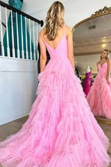 Pink A-Line Deep V Neck Tiered Long Prom Dress With Slit Sexy