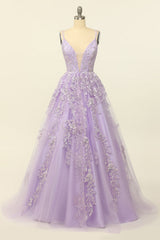 Light Purple Spaghetti Straps Prom Dress With Appliques V-neck Sexy