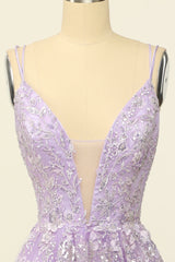 Light Purple Spaghetti Straps Prom Dress With Appliques V-neck Sexy
