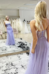 Mermaid Spaghetti Straps Purple Corset Prom Dress with Slit Off Shoulder