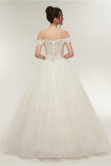 Pirncess Long Off Shoulder A-line Ivory Wedding Dress with Lace