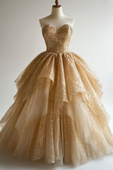 Gold A-line Sweetheart Tulle Sequin Long Ball Gown, Elegant Evening Dress ED01496