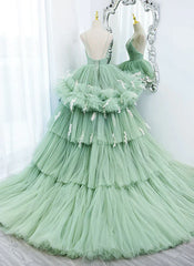 Light Green Tulle Layers Low Back Prom Dress Sweet 16 Dress Quinceanera Dress