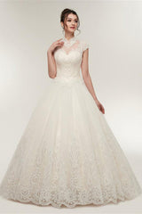 Princess Long High Neck A-line Ivory Wedding Dress with Lace