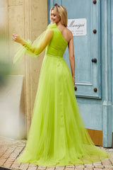 Aimishang Elegant Evening Dress Floral Lime-Green Prom Dresses One Shoulder Pleated Tulle Long Dress