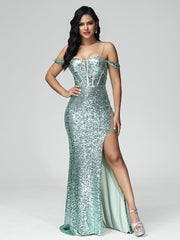 Sweep Train Off the Shoulder Floor Length Prom Dresses With Split