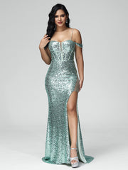 Sweep Train Off the Shoulder Floor Length Prom Dresses With Split