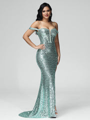 Sweep Train Off the Shoulder Floor Length Prom Dresses With Split