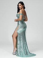 Sweep Train Off the Shoulder Floor Length Prom Dresses With Split
