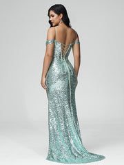 Sweep Train Off the Shoulder Floor Length Prom Dresses With Split