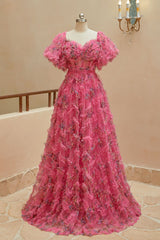 A Line Sweetheart Ruffles Sweep Train Floral Printed Chiffon Prom Dresses Beautiful