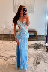 Mermaid V Neck Light Blue Beaded Slit Prom Dresses