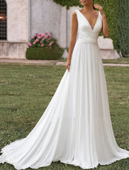 Aimishang Hall Casual Wedding Dresses A-Line V Neck Sleeveless Sweep / Brush Train Chiffon Bridal Gowns With Pleats