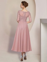 Two Piece A-Line Mother of the Bride Dress Formal Wedding Guest Elegant V Neck Chiffon Lace Sleeve Wrap Included with Appliques