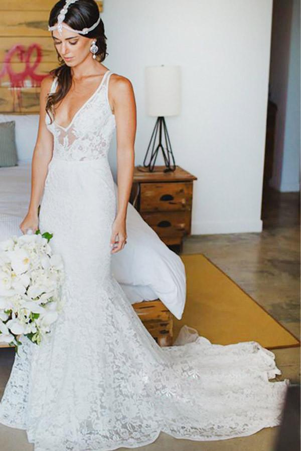 Mermaid Deep V-Neck Appliques Backless Beach Lace Bohemian Wedding Dresses