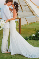 Mermaid Deep V-Neck Appliques Backless Beach Lace Bohemian Wedding Dresses