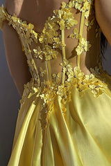 A-Line Off the Shoulder Yellow Satin Long Prom Dresses