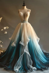 Elegant A-Line V-Neck Tulle Applique Long Prom Dress, Spaghetti Strap Vintage Evening Dress ED01339