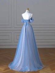 Classy A Line Spaghetti Straps Long Party Dress Blue Prom Dresses SD2449