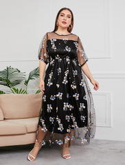 Plus Size Curve Mother of the Bride Dress Party Sparkle Shine Neck Ankle Length Tulle Half Sleeve with Sequin Embroider