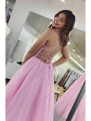 Ball Gown A-Line Prom Dresses Glittering Dress Formal Floor Length Sleeveless V Neck Tulle Backless