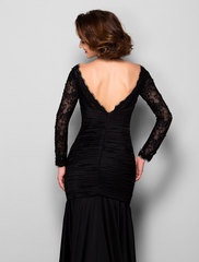 Mother of the Bride Dress Beautiful Back Lace Jersey Long Sleeve with Lace Ruched Beading