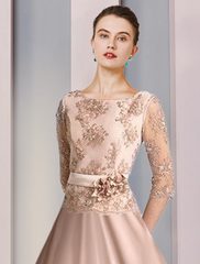 A-Line Mother of the Bride Dress Formal Wedding Guest Vintage Party Elegant Scoop Neck Satin Lace Half Sleeve with Flower