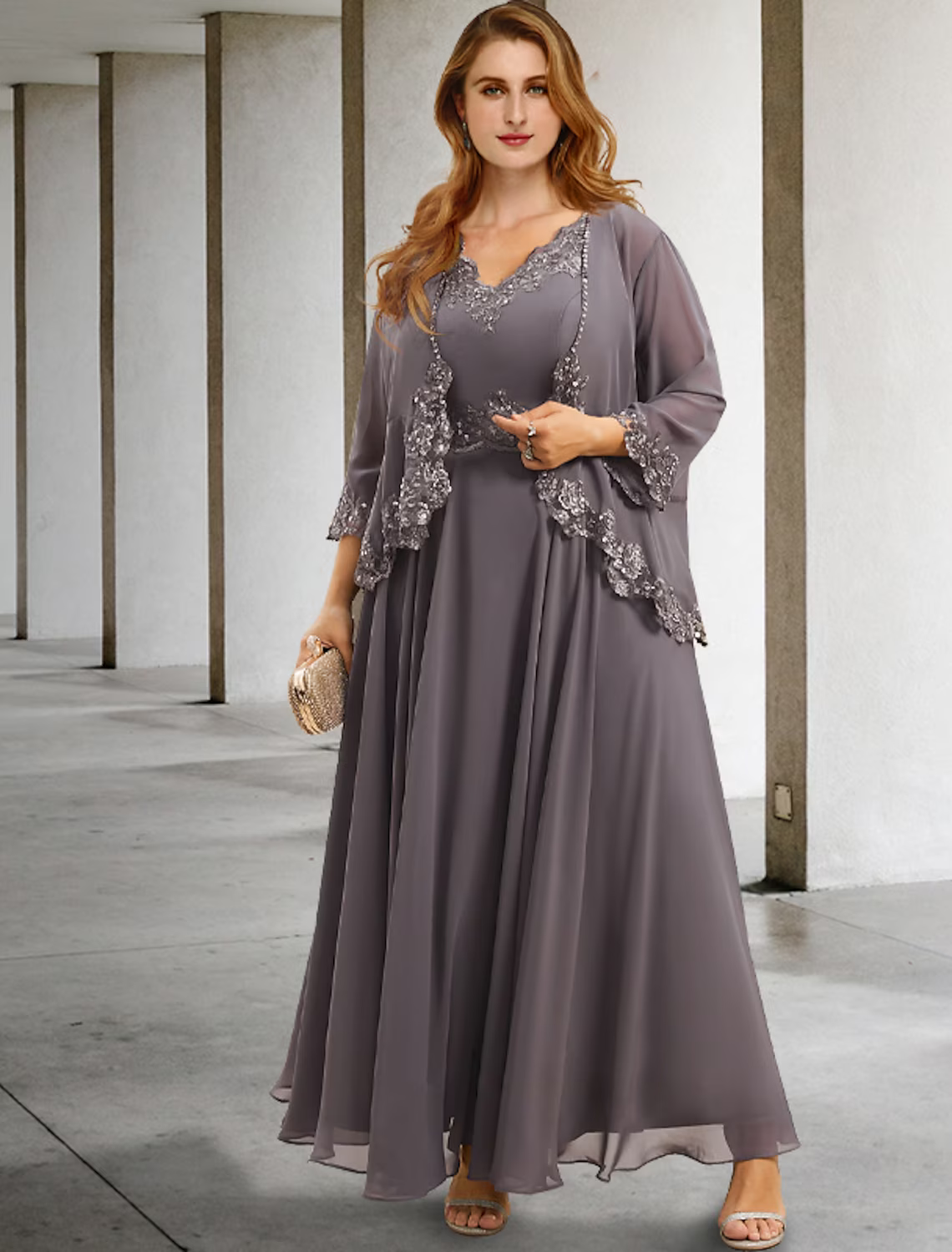 Two Piece A-Line Evening Gown Elegant Dress Formal  Sleeveless V Neck Chiffon with Applique
