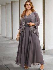 Two Piece A-Line Evening Gown Elegant Dress Formal  Sleeveless V Neck Chiffon with Applique