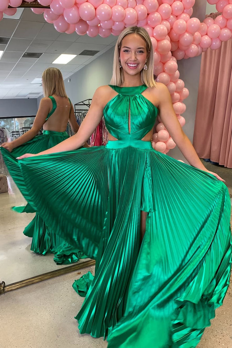 A-Line Halter Pleated Satin Long Prom Dresses