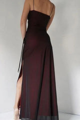 Sheath Spaghetti Straps Burgundy Floor-length Long Prom Dress with Silt