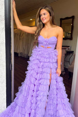 A Line Strapless Keyhole Tulle Print Ruffle Tiered Prom Dress Off Shoulder Floor Length