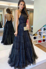 Black Tulle Long Prom Dresses, A-Line Backless Evening Dresses