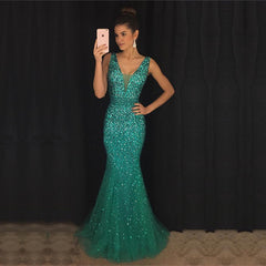 Deep V Neck Long Mermaid Evening Dresses Crystal Beaded