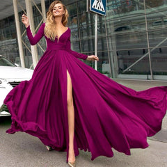 Sexy Plunge V-neck Long Sleeves Prom Dresses Leg Split