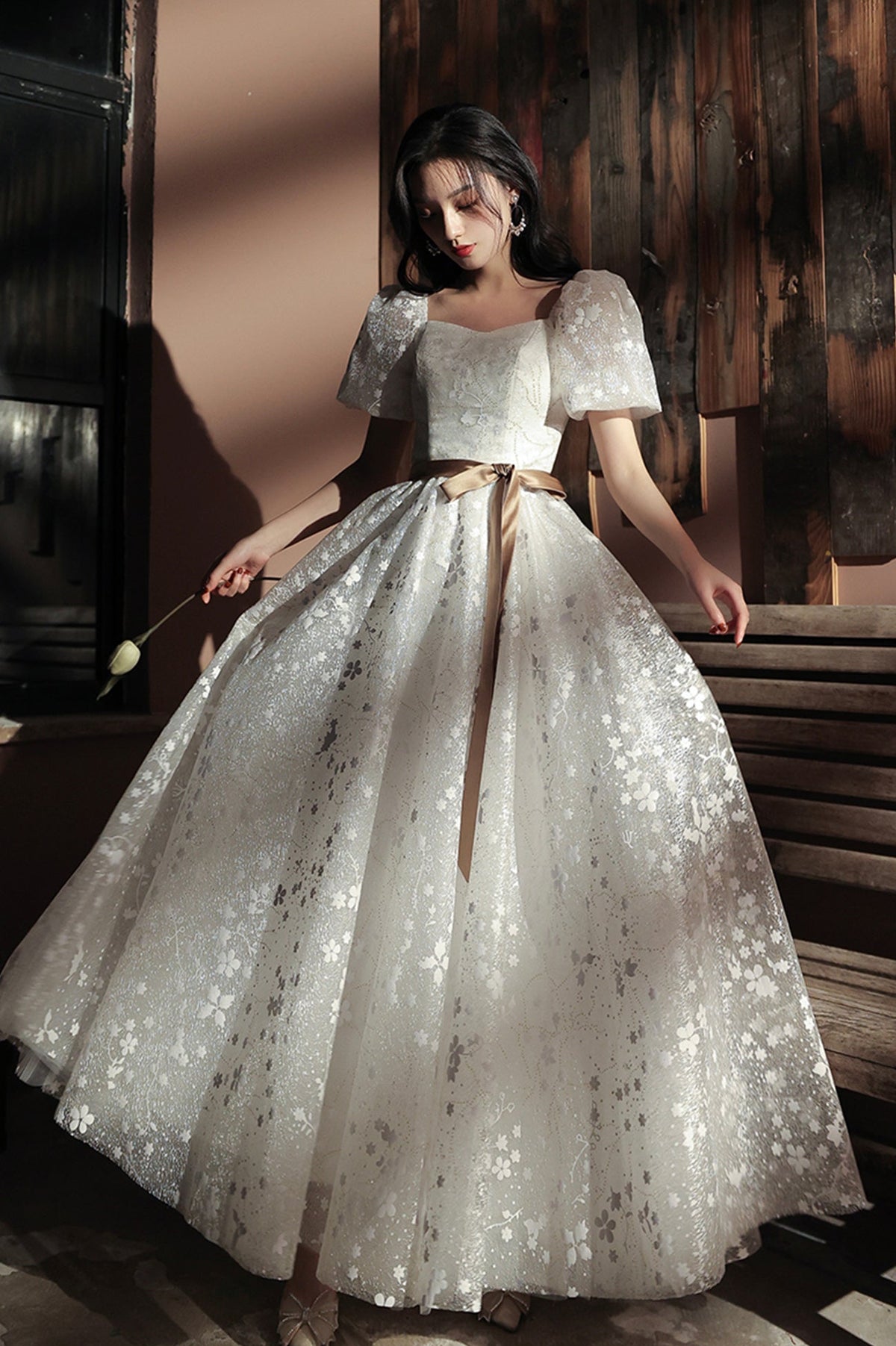 White Tulle Short Sleeve Prom Dress, Cute A-Line Evening Dress
