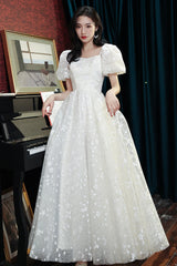 White Tulle Short Sleeve Prom Dress, Cute A-Line Evening Dress
