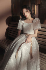 White Tulle Short Sleeve Prom Dress, Cute A-Line Evening Dress