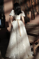 White Tulle Short Sleeve Prom Dress, Cute A-Line Evening Dress
