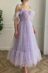 Purple Tulle Short Prom Dresses, A-Line Off the Shoulder Evening Dresses