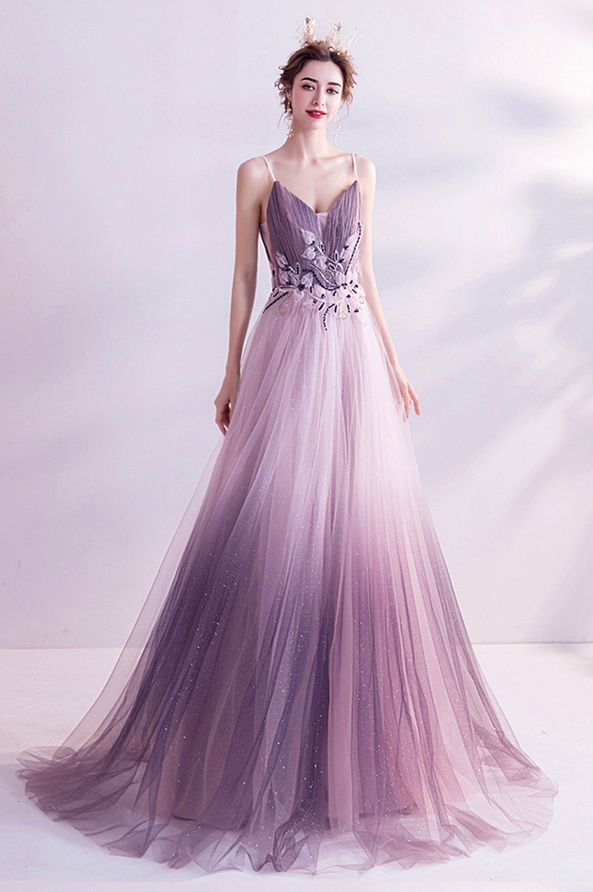 Purple Tulle Sequins Long Prom Dresses, A-Line Evening Dresses
