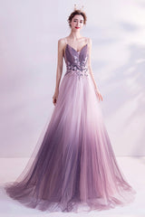 Purple Tulle Sequins Long Prom Dresses, A-Line Evening Dresses