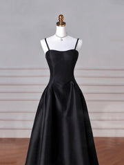 Black Spaghetti Strap Satin Long Prom Dress, Black A-Line Evening Dress