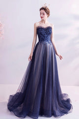 Blue Strapless Tulle Long Prom Dresses, A-Line Evening Dresses