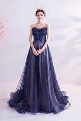 Blue Strapless Tulle Long Prom Dresses, A-Line Evening Dresses