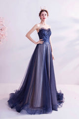 Blue Strapless Tulle Long Prom Dresses, A-Line Evening Dresses