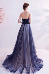 Blue Strapless Tulle Long Prom Dresses, A-Line Evening Dresses