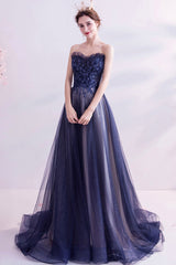 Blue Strapless Tulle Long Prom Dresses, A-Line Evening Dresses