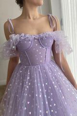 Purple Tulle Short Prom Dresses, A-Line Off the Shoulder Evening Dresses