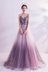 Purple Tulle Sequins Long Prom Dresses, A-Line Evening Dresses